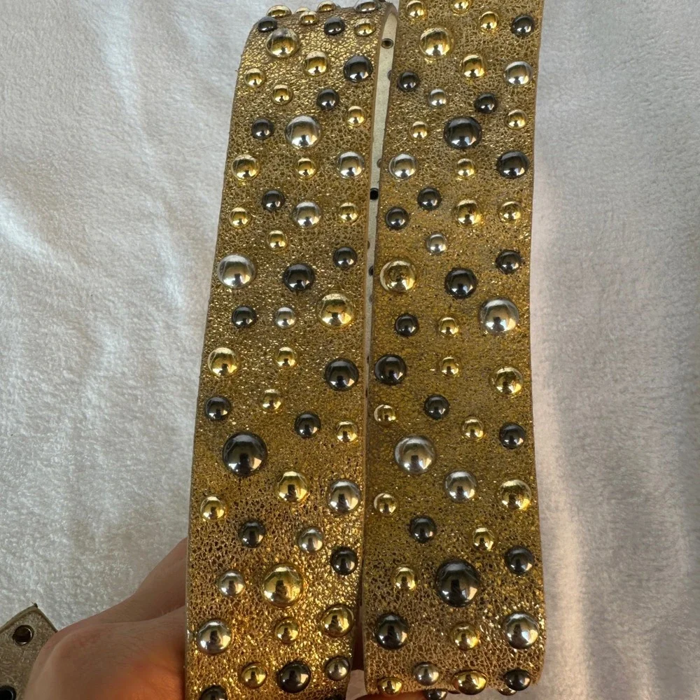 Per Se Gold Metallic Genuine Leather Studded Belt Small Glam Rock Edgy Festival
